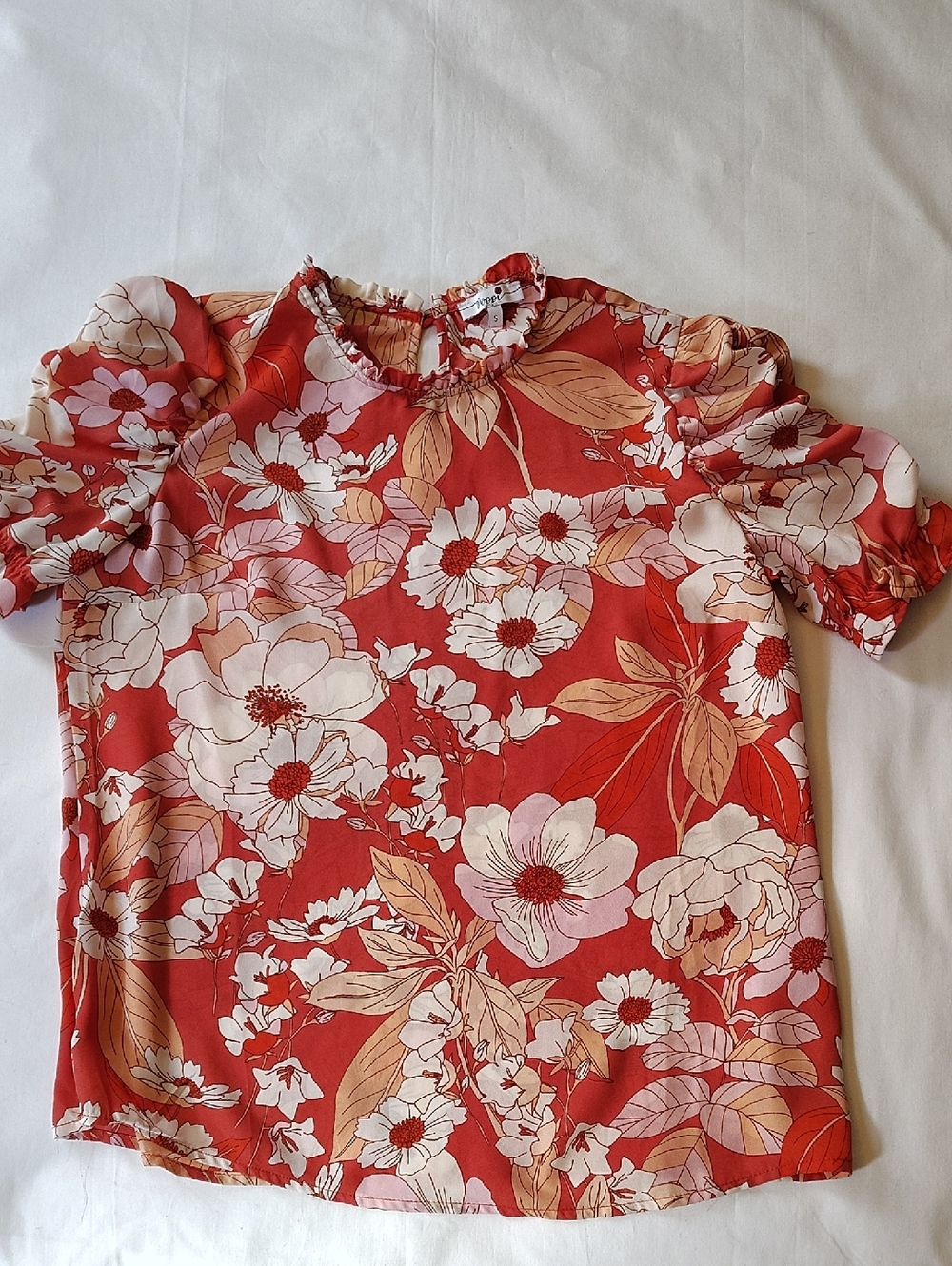 Poppi Floral Ruffle-Neck Short Puff Sleeve  Blouse Small Light Weight
